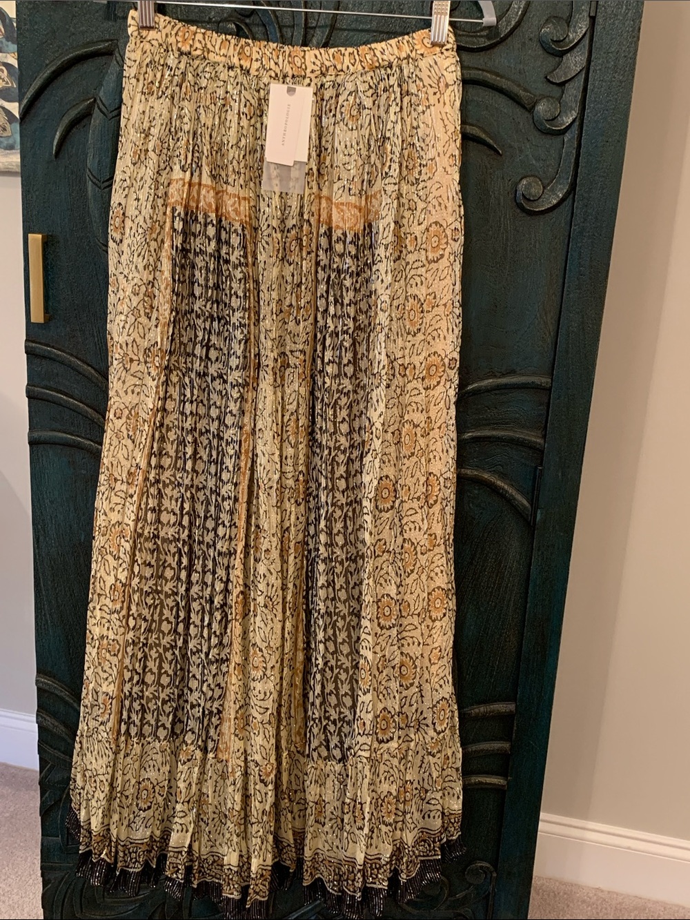 Mes Demoiselles / Anthropologie India Print Metallic Crinkle Maxi Skirt